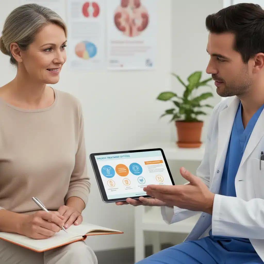 Patient receiving personalized education on dialysis treatment options from a healthcare professional.
