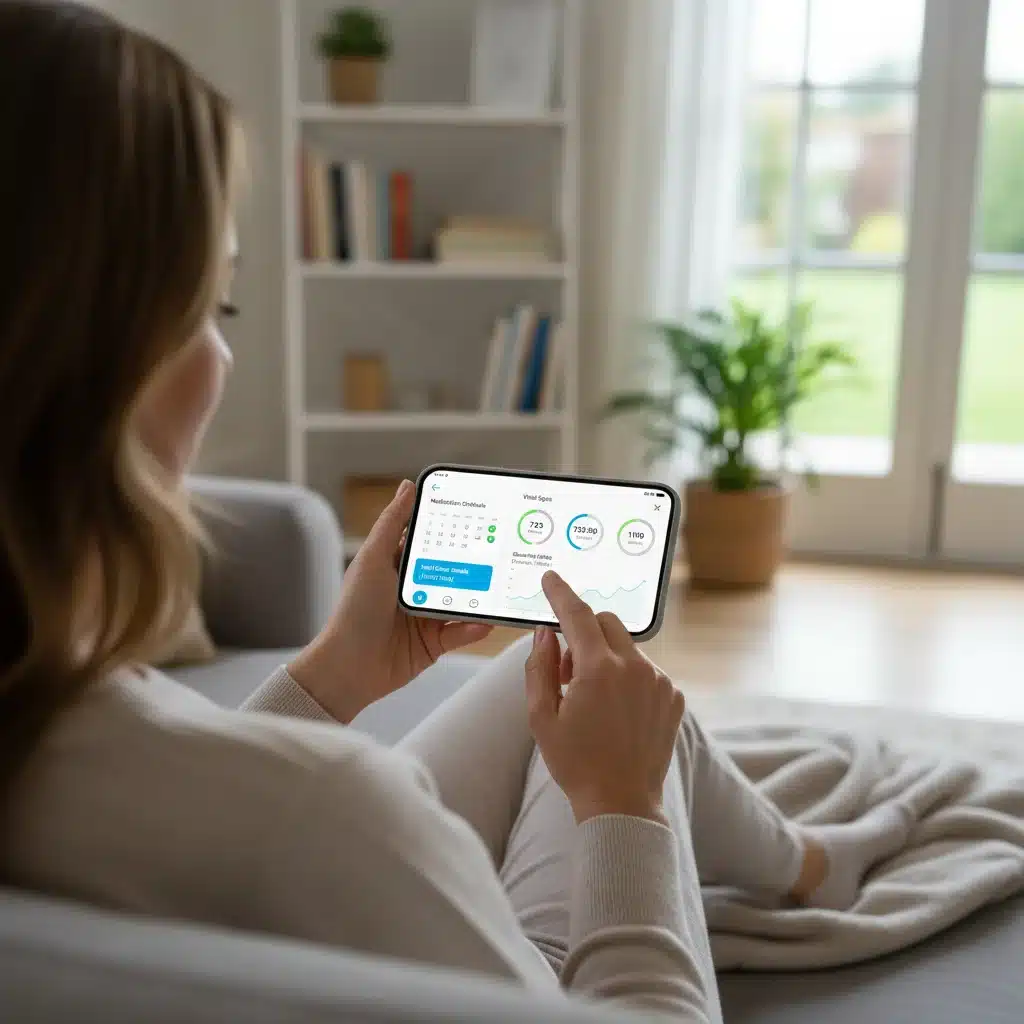 Patient tracking medication and vitals with a mobile health app at home.