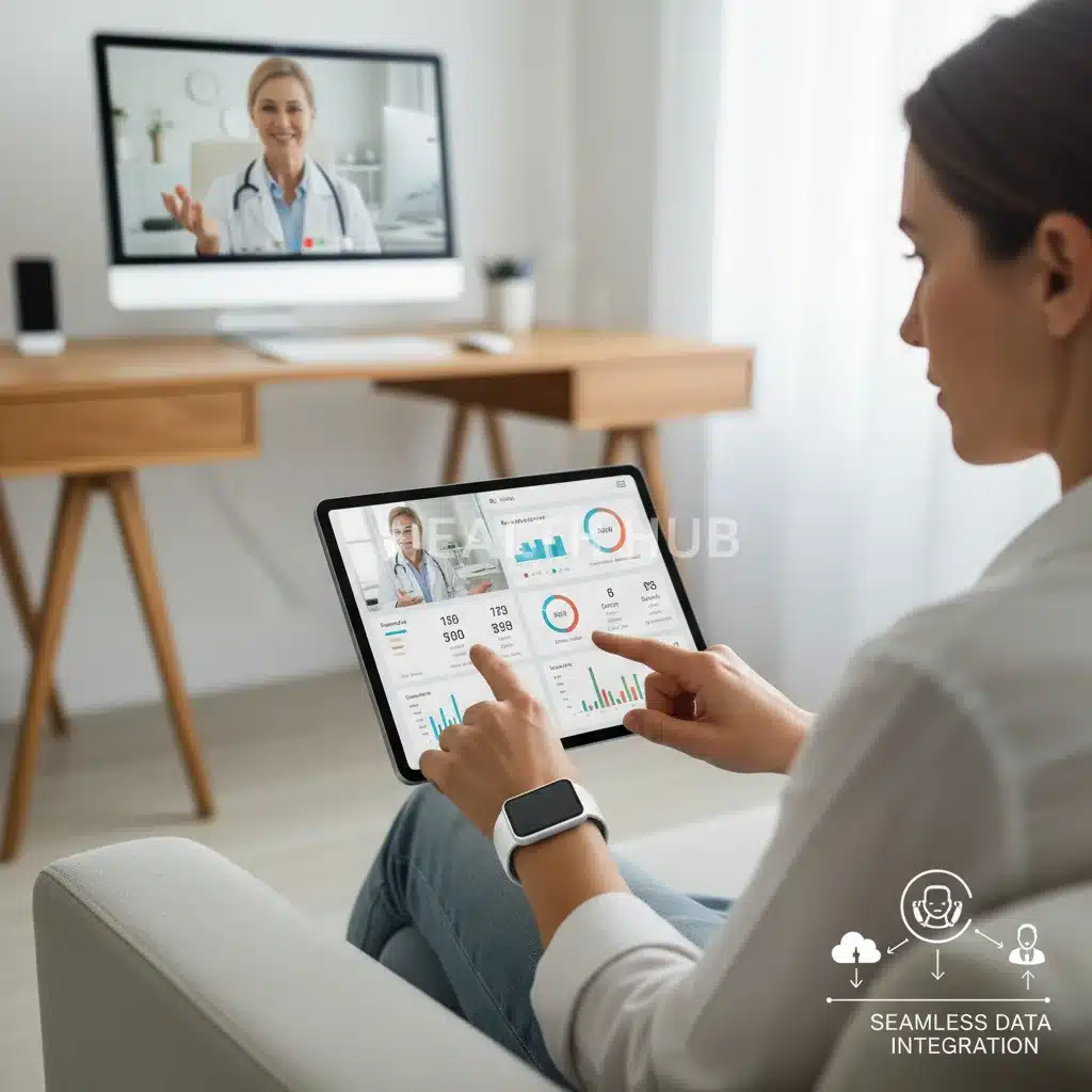 Patient reviewing health data from wearable device during remote consultation