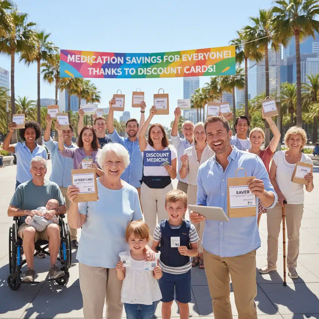 Diverse group of happy individuals benefiting from prescription drug savings