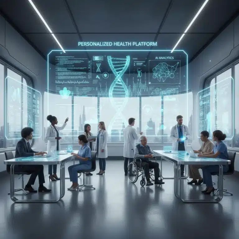 Digital platform interface showing personalized health data and medical professionals