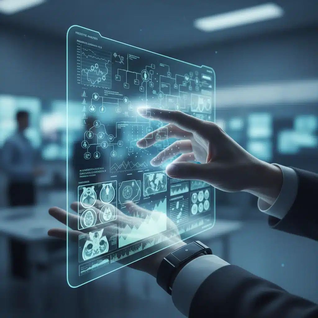 Hand interacting with holographic medical data and AI analysis