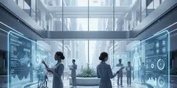 Doctors using predictive analytics dashboard in a modern hospital