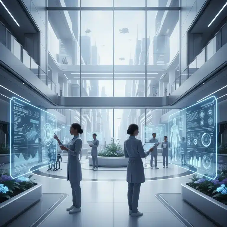 Doctors using predictive analytics dashboard in a modern hospital