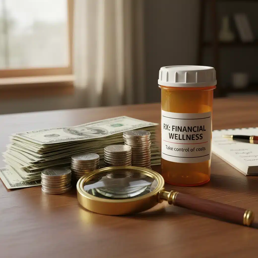 Coins and dollar bills next to a prescription bottle, symbolizing drug cost savings