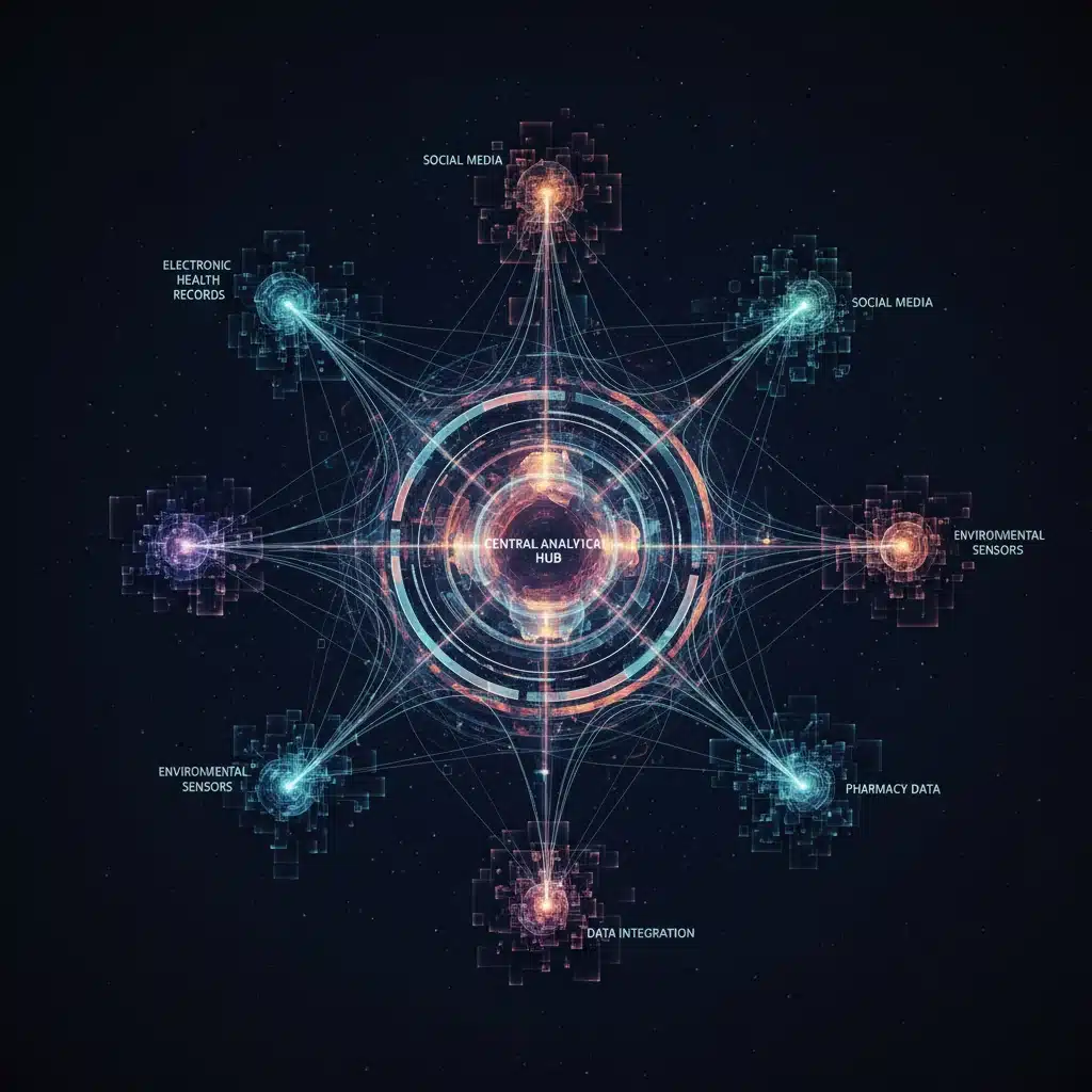 Integrated public health data sources forming a comprehensive network for advanced analytics.