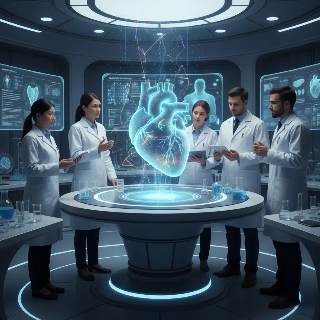 Researchers collaborating on quantum-enhanced medical diagnostics.