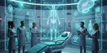 Quantum computing enhancing medical imaging diagnostics in a futuristic hospital setting.
