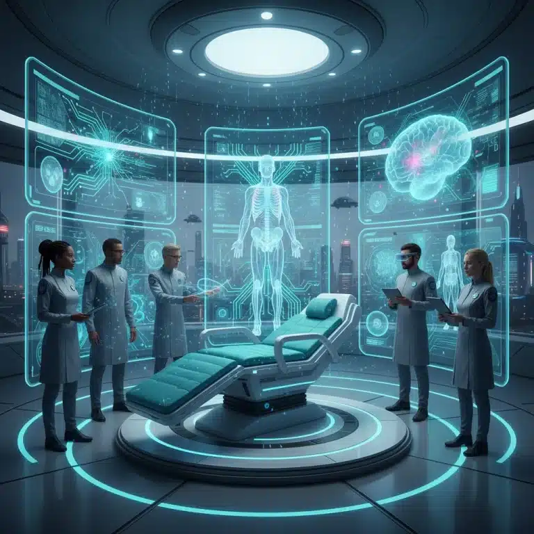 Quantum computing enhancing medical imaging diagnostics in a futuristic hospital setting.