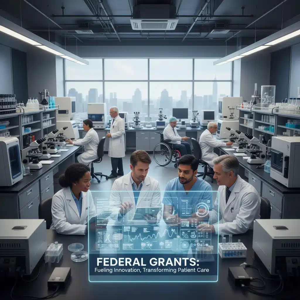 Medical researchers collaborating on rare disease research, funded by grants