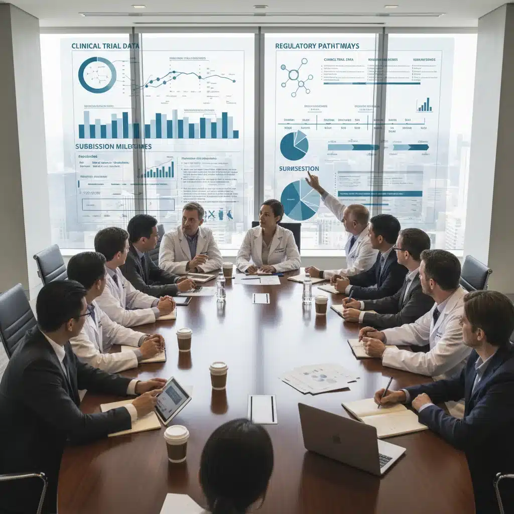 Team of scientists and regulatory experts collaborating on medical device approval