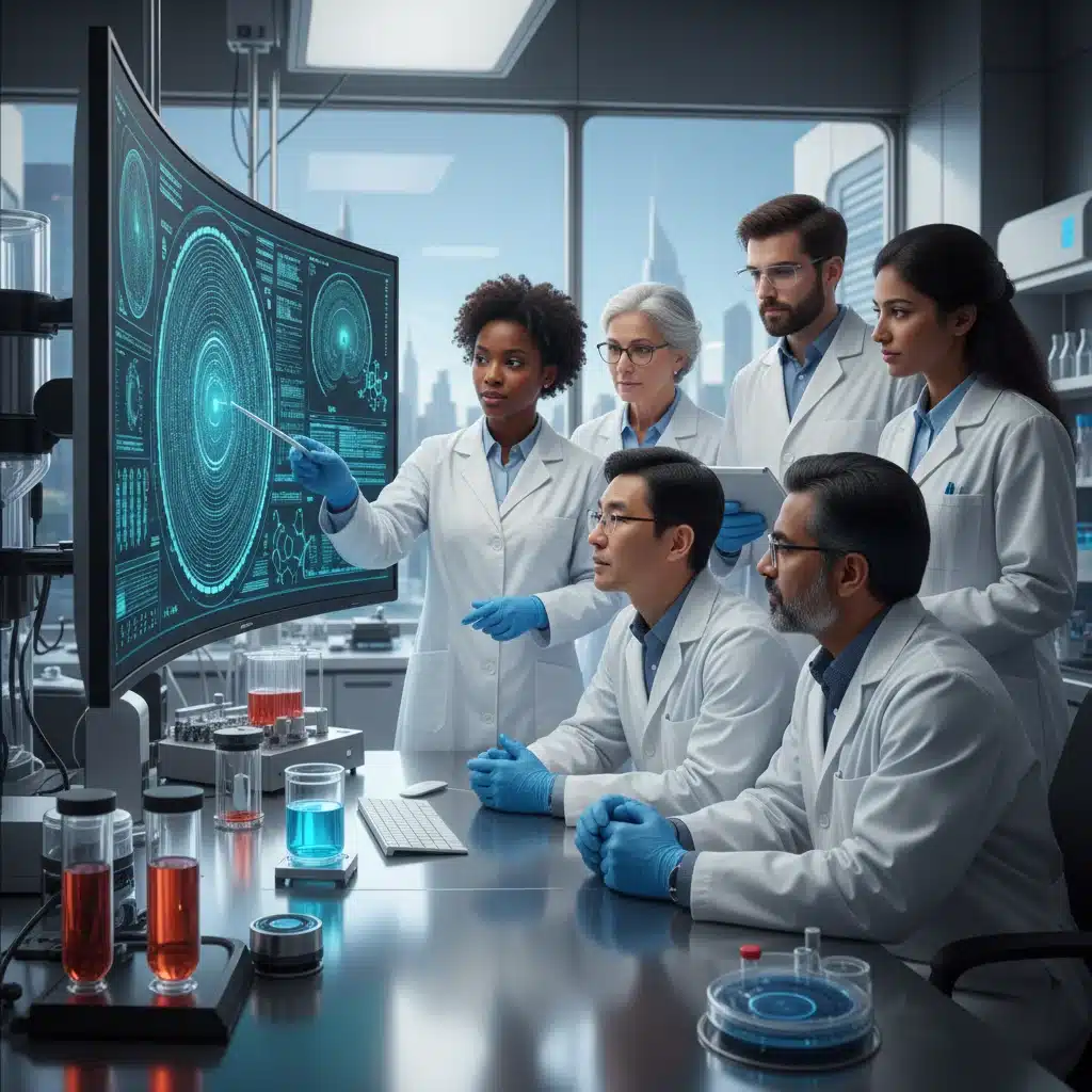 Researchers collaborating on genomic sequencing data in a modern laboratory.