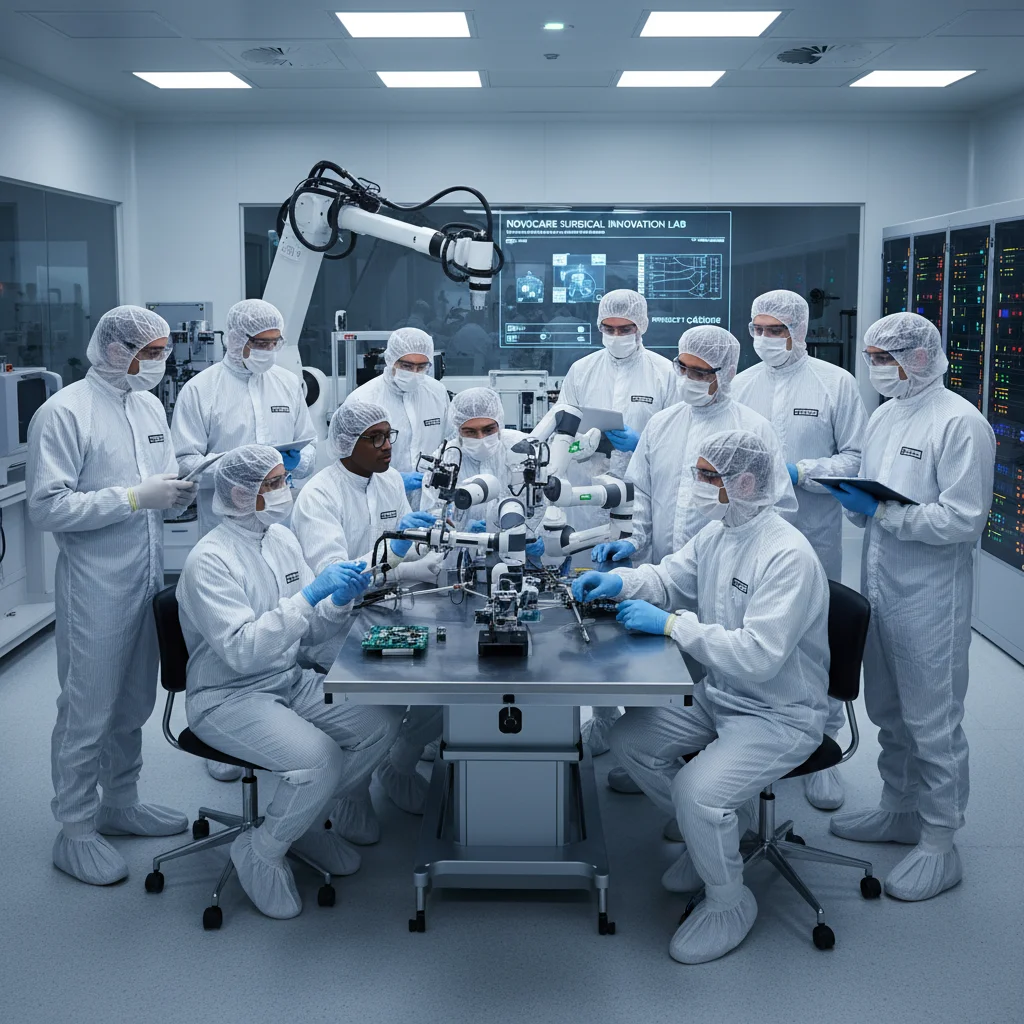 Scientists and engineers collaborating on a robotic surgical system in a cleanroom.