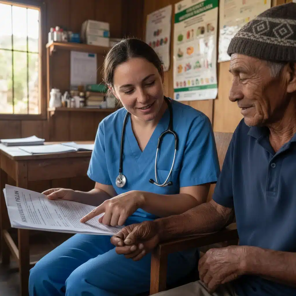 Healthcare professional assisting elderly patient in rural clinic