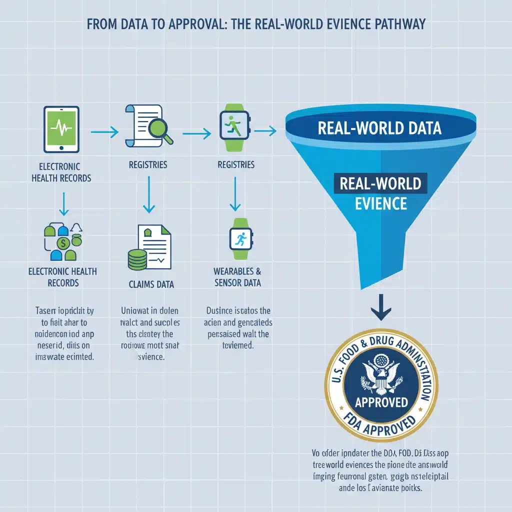 Infographic showing diverse real-world data sources contributing to real-world evidence for FDA approval.