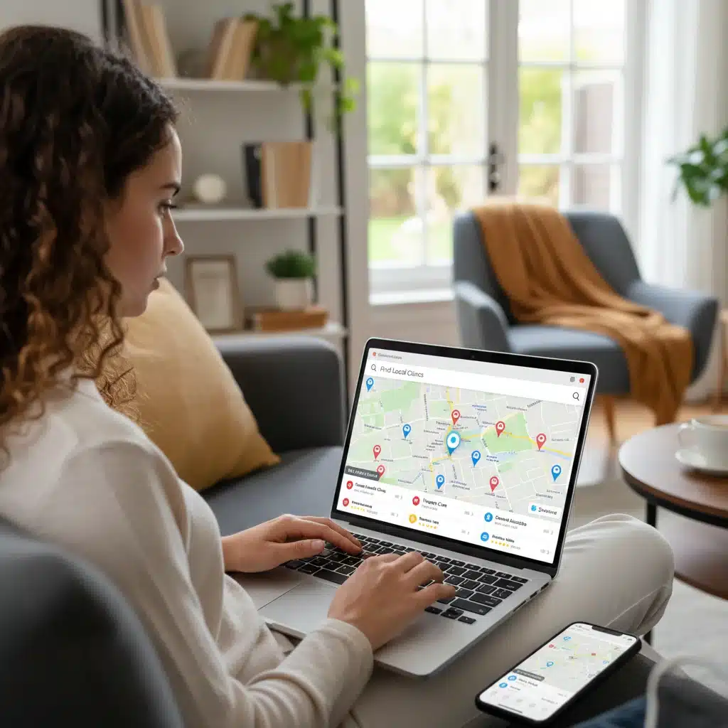 Individual searching online for nearby free and low-cost healthcare clinics.