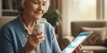 Senior woman reviewing medication assistance program details on a tablet.