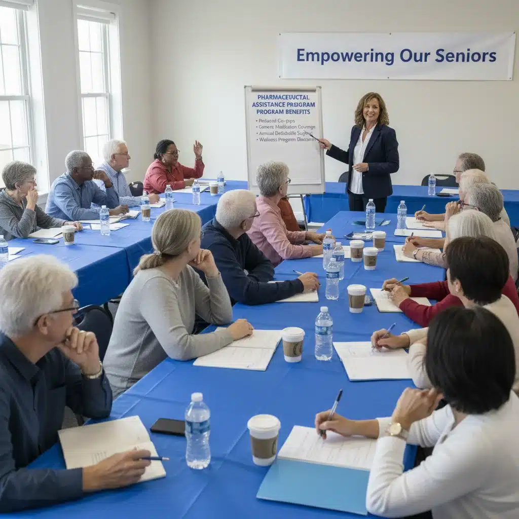 Seniors learning about pharmaceutical assistance programs in a group setting.