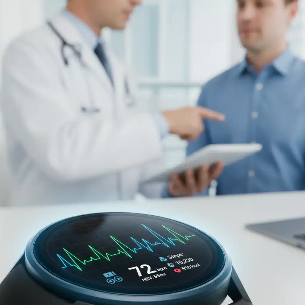 Smartwatch displaying health data with medical professional in background.