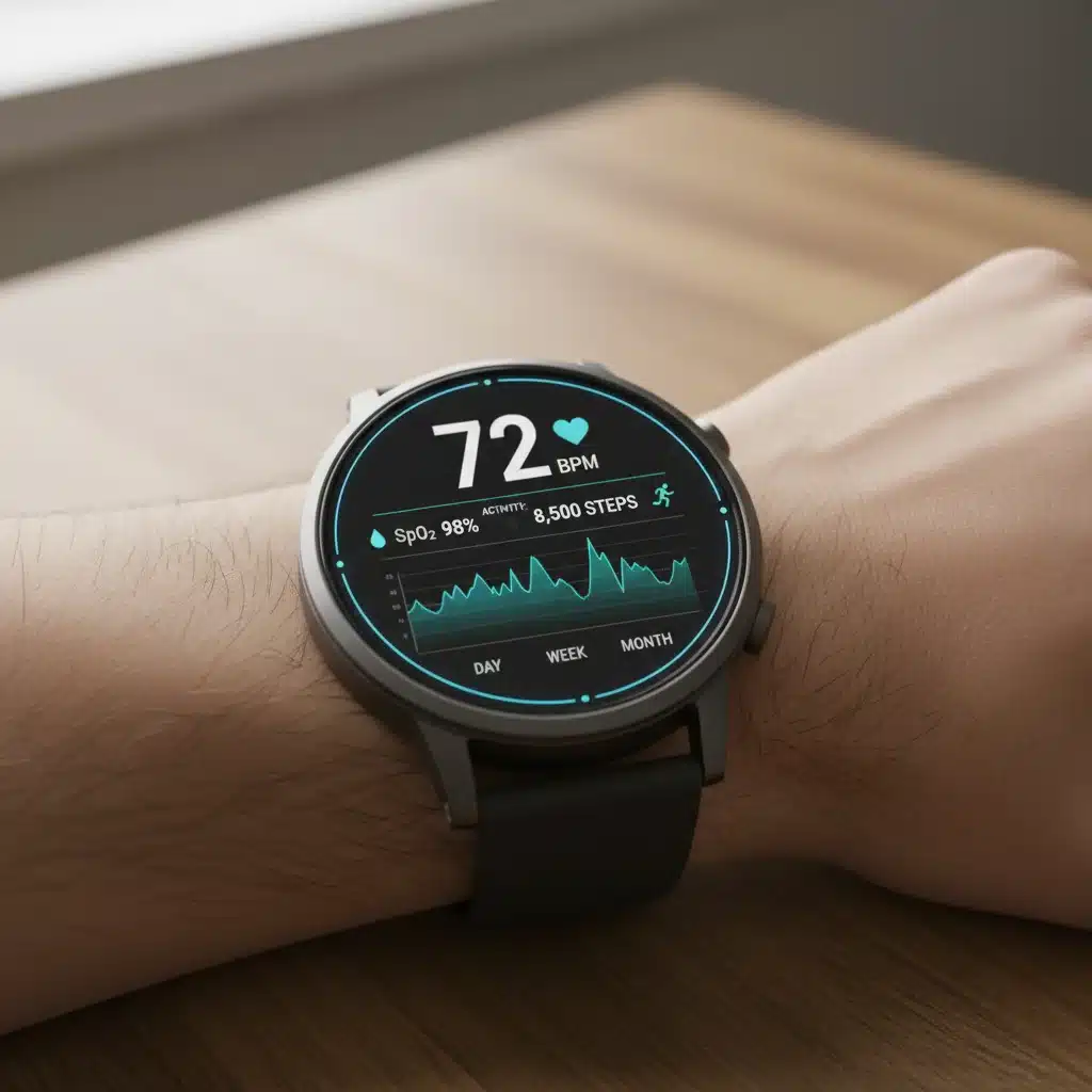 Smartwatch displaying real-time health metrics like heart rate and blood oxygen.