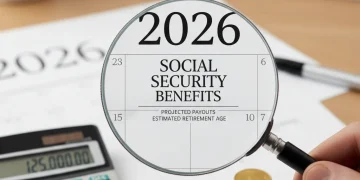 Calendar showing 2026, magnifying glass, calculator, and coins representing Social Security benefits planning.