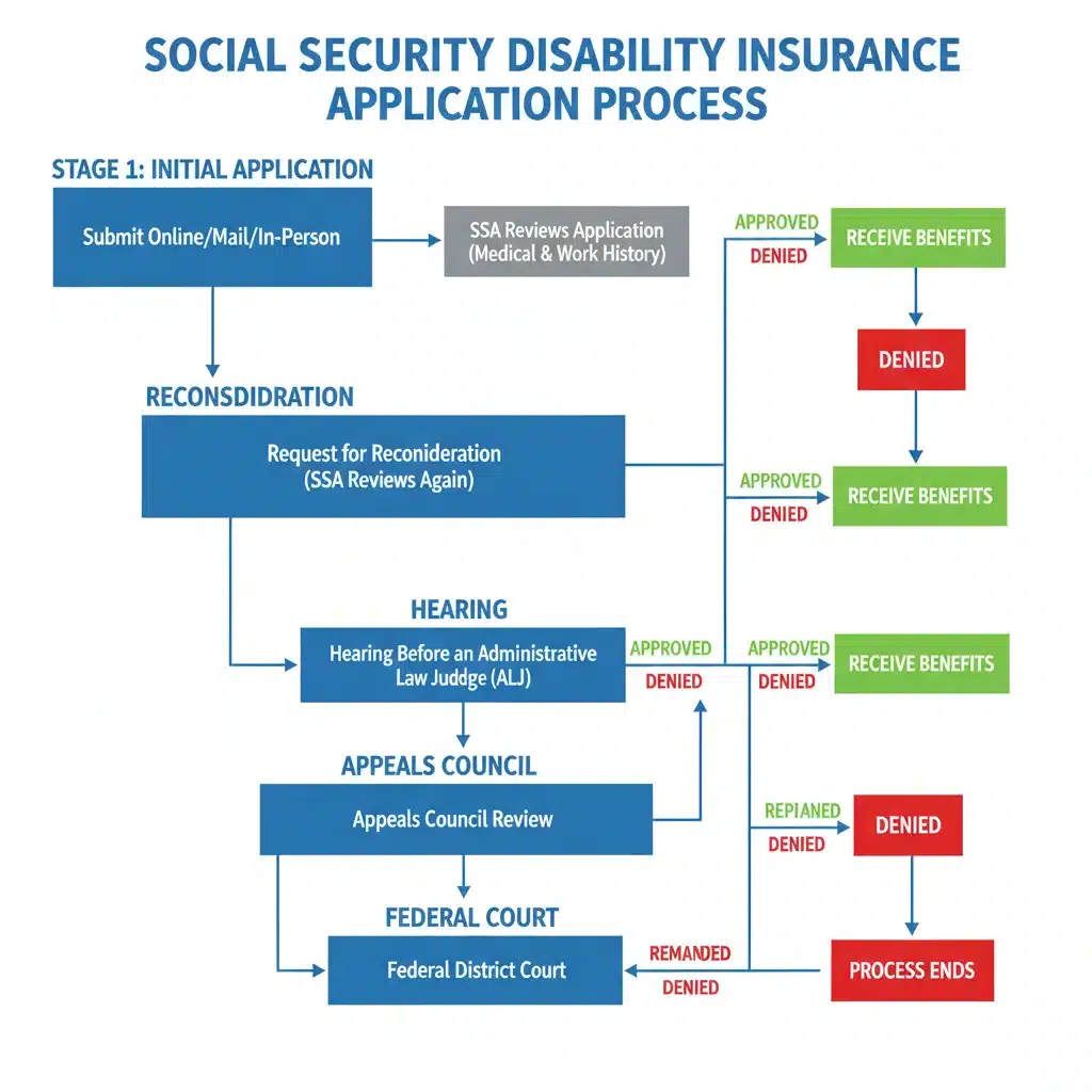 Flowchart of the SSDI application stages and appeals process