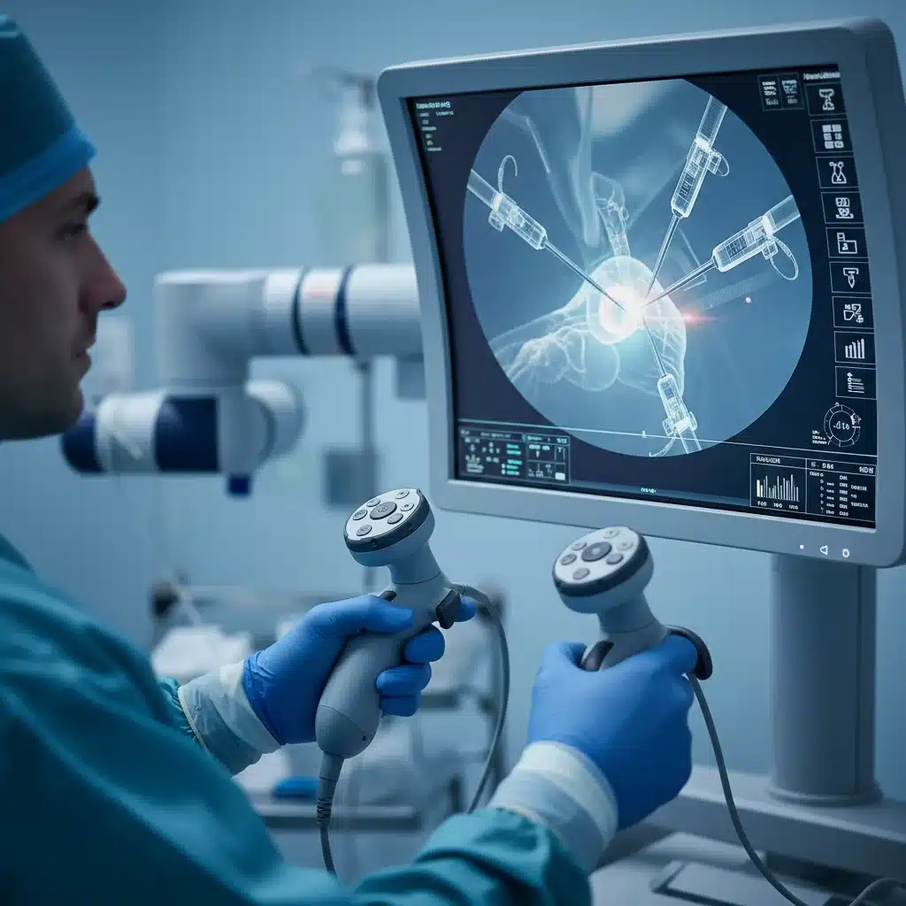 Surgeon operating robotic instruments with haptic feedback