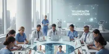 Healthcare professionals collaborating on telehealth technology