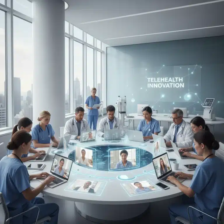 Healthcare professionals collaborating on telehealth technology