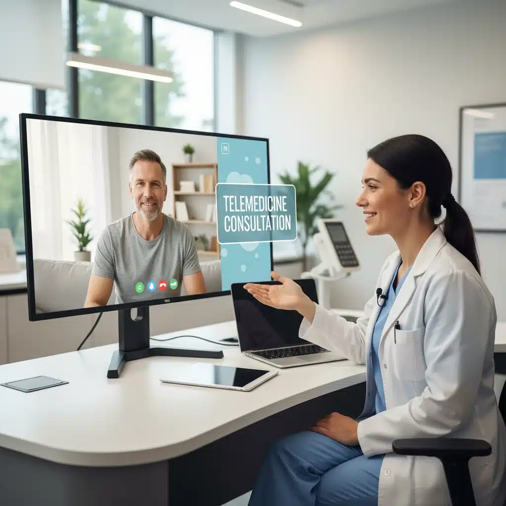 Healthcare professional conducting a virtual telehealth consultation with a patient at home.
