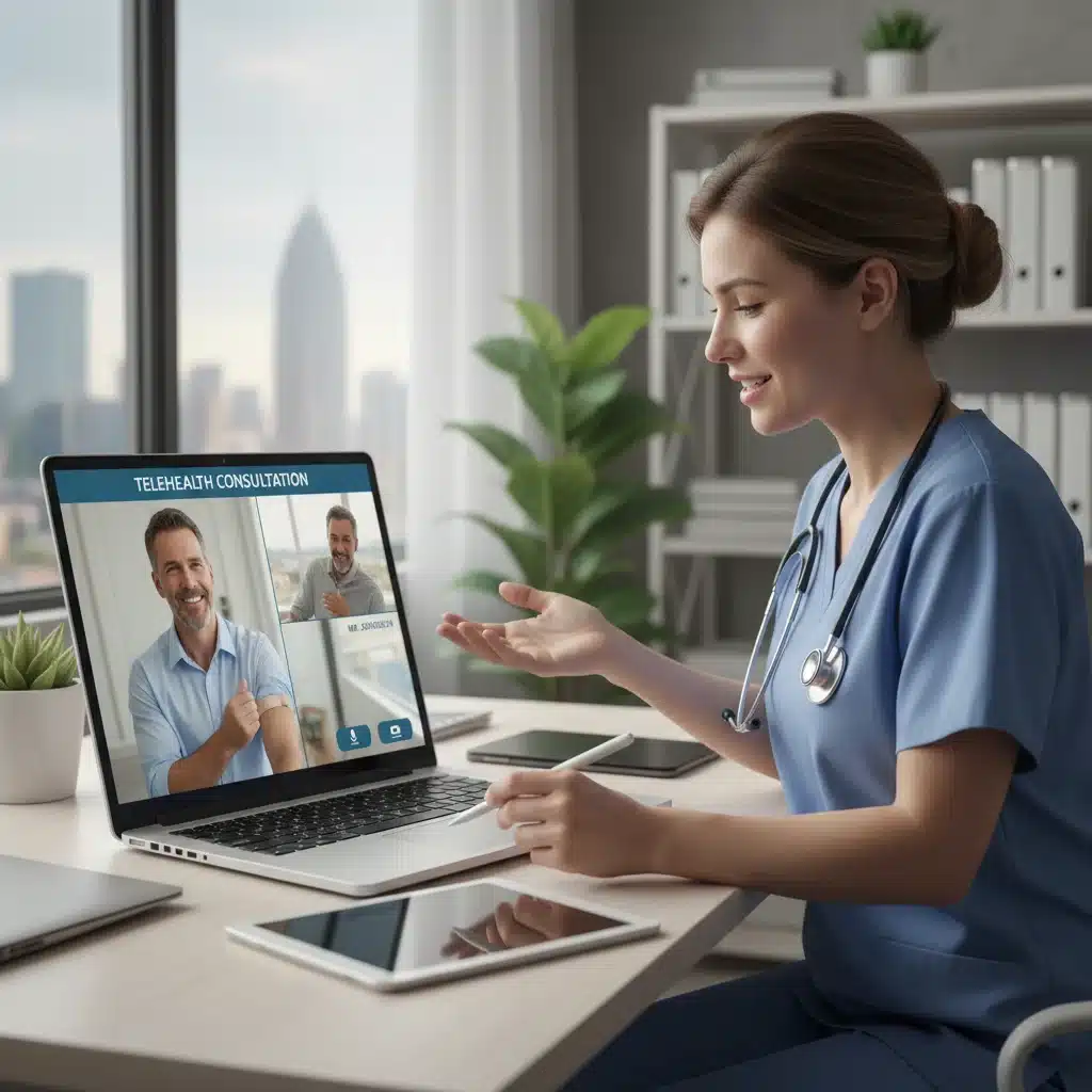 Healthcare provider conducting a telehealth video consultation with a patient.