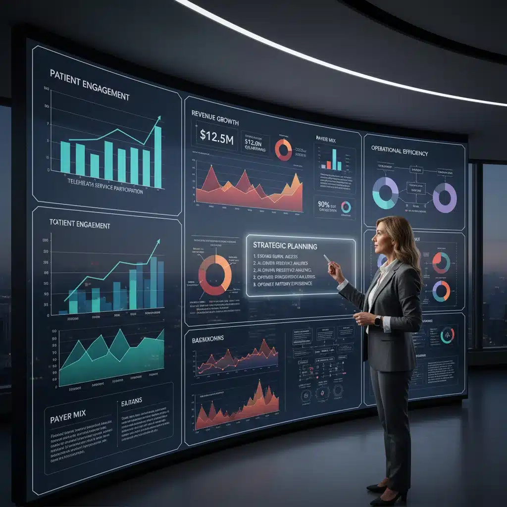Healthcare administrator analyzing telehealth data dashboard