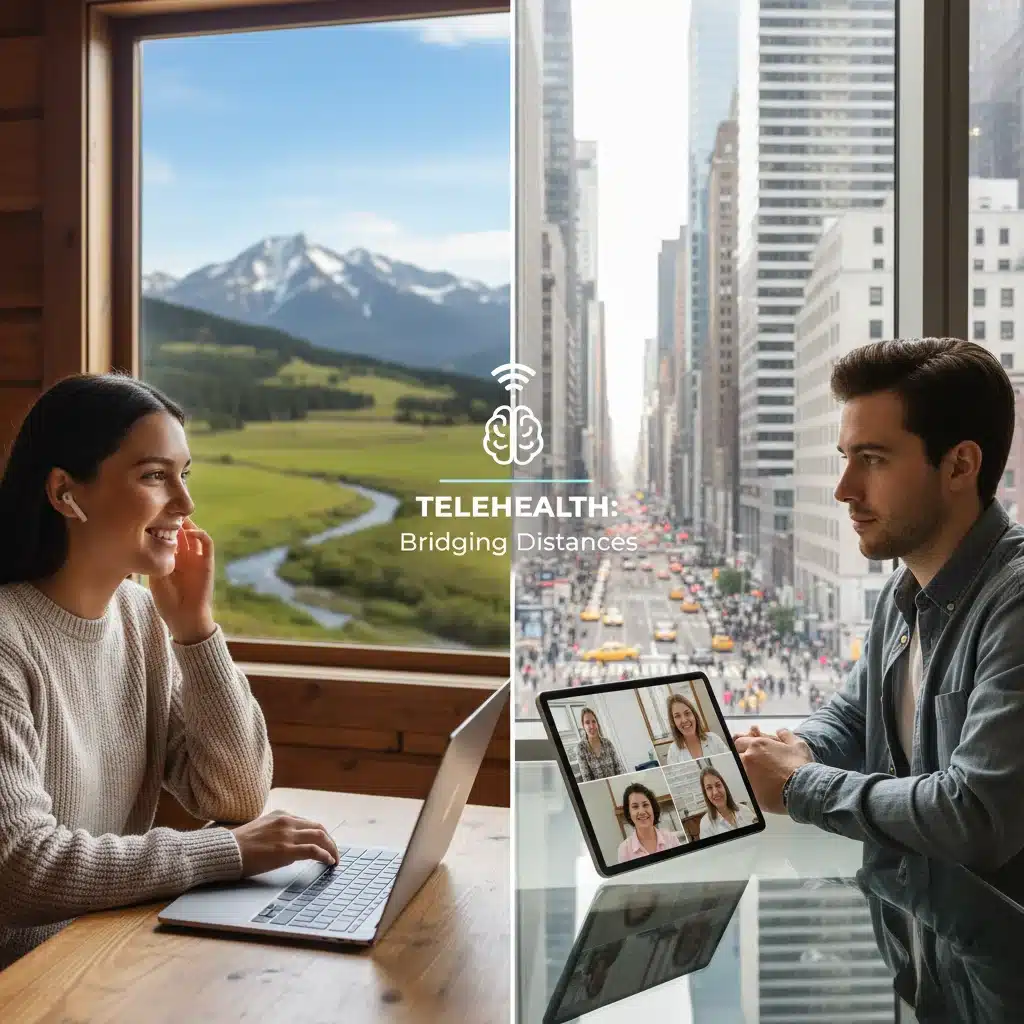 Rural and urban individuals receiving telehealth mental health support.