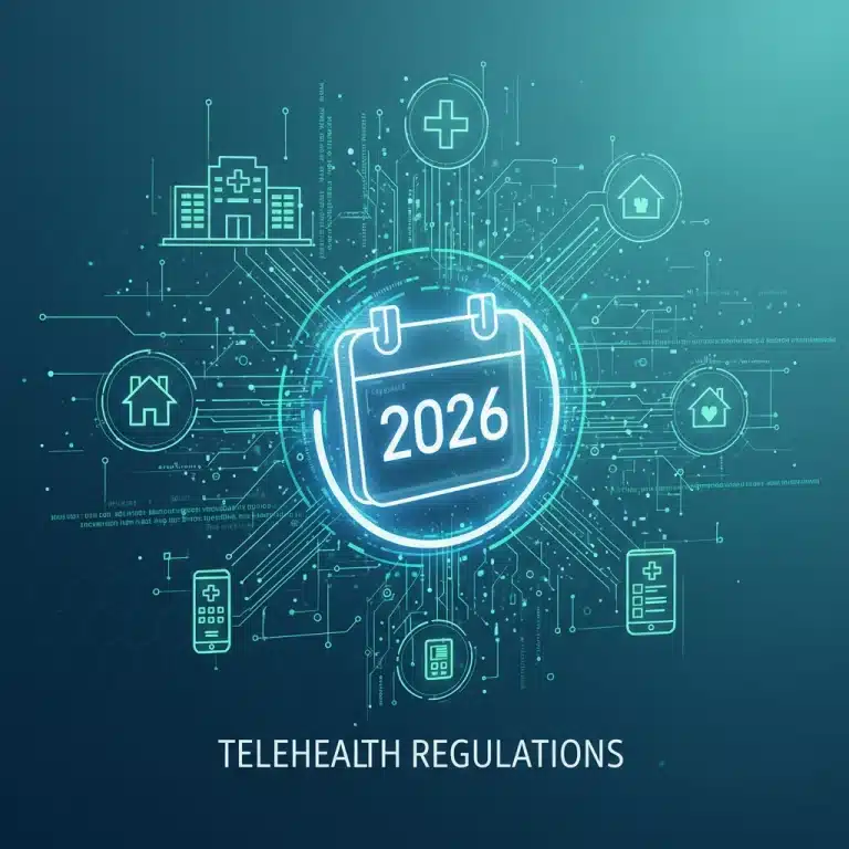 Digital healthcare network with data flow and 2026 calendar for telehealth regulations
