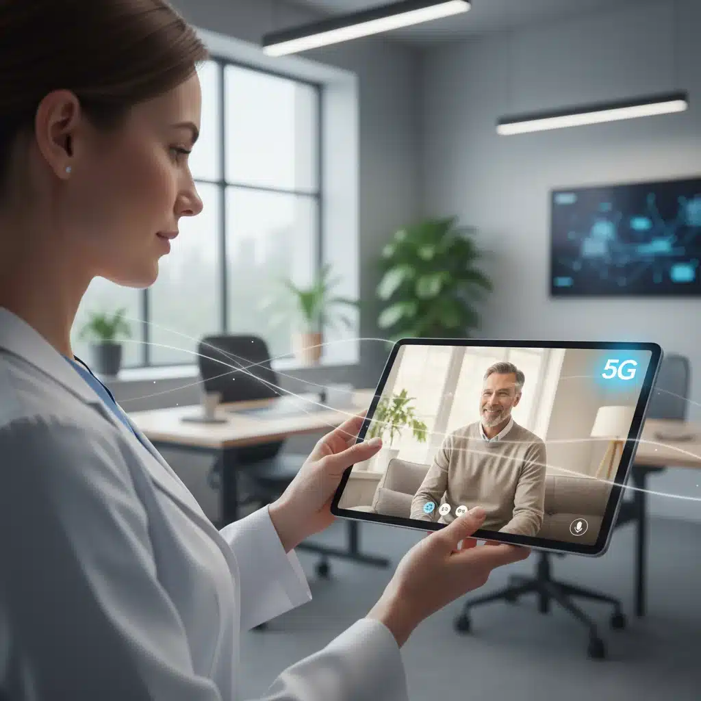 Doctor performing a high-definition telemedicine consultation enabled by 5G connectivity.