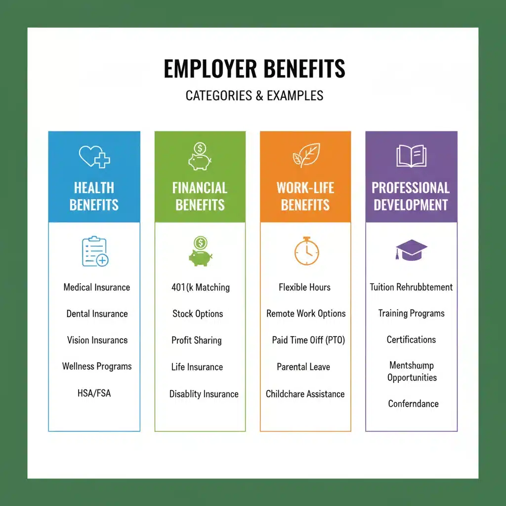 Infographic showing various types of employer benefits categories and examples