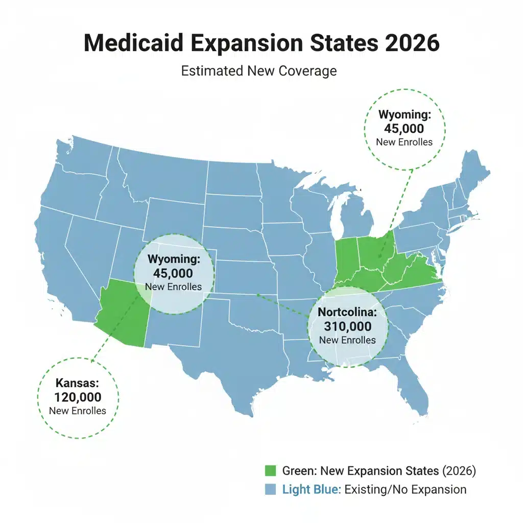 Map of US highlighting new Medicaid expansion states for 2026 and covered individuals
