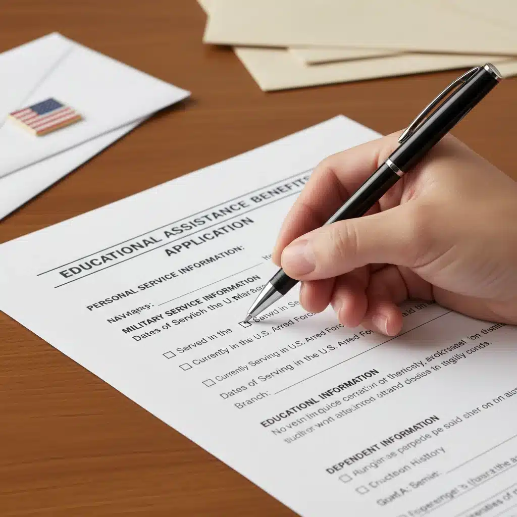 Hand filling out a VA education benefits application form