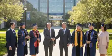 Veterans celebrating educational success on a college campus with modern architecture
