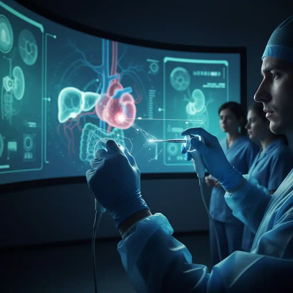 Medical student performing virtual surgery with precision using VR instruments.