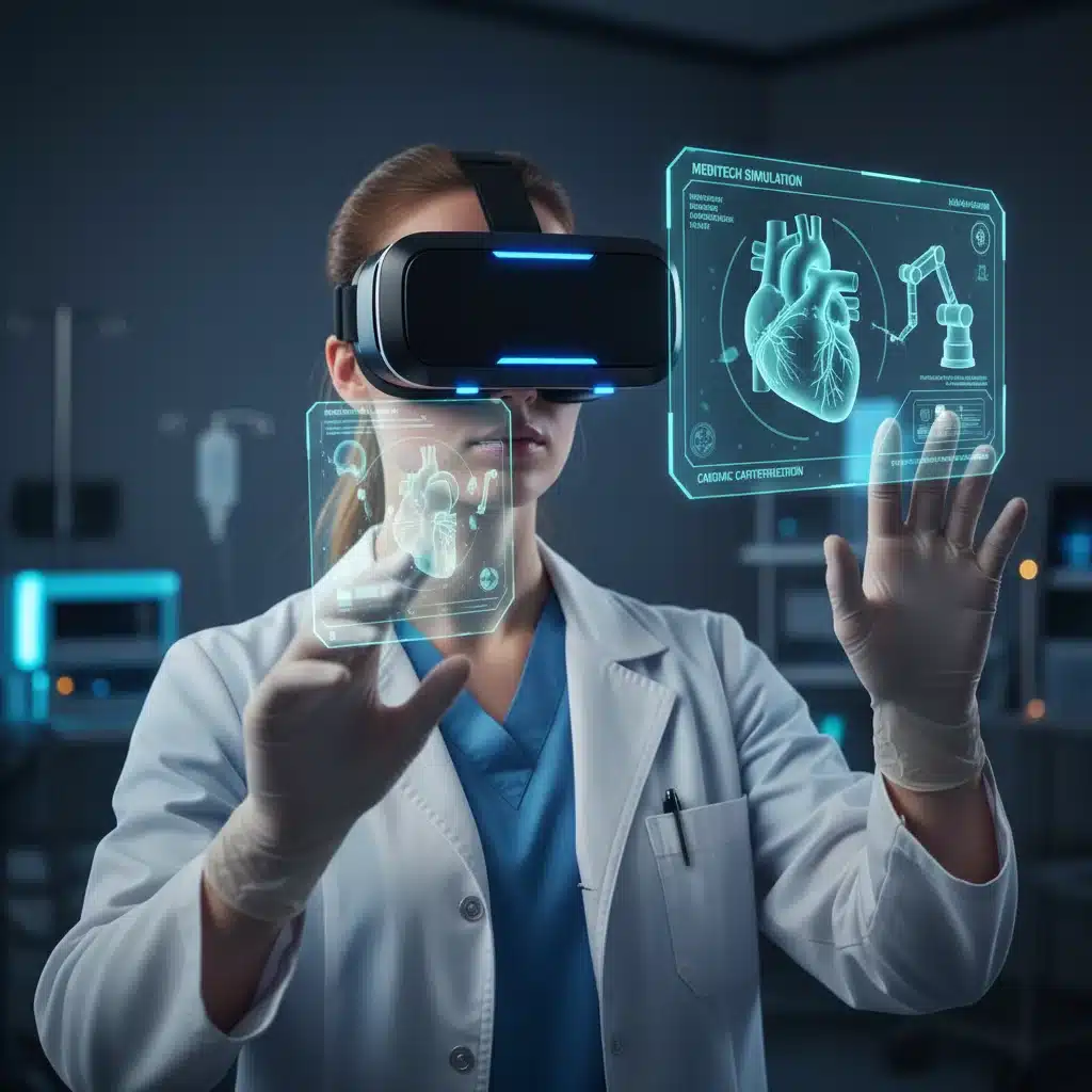 Student using VR simulation for complex medical procedure training, highlighting hands-on MedTech skills development.