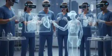 Medical professionals using VR headsets for surgical training simulation.