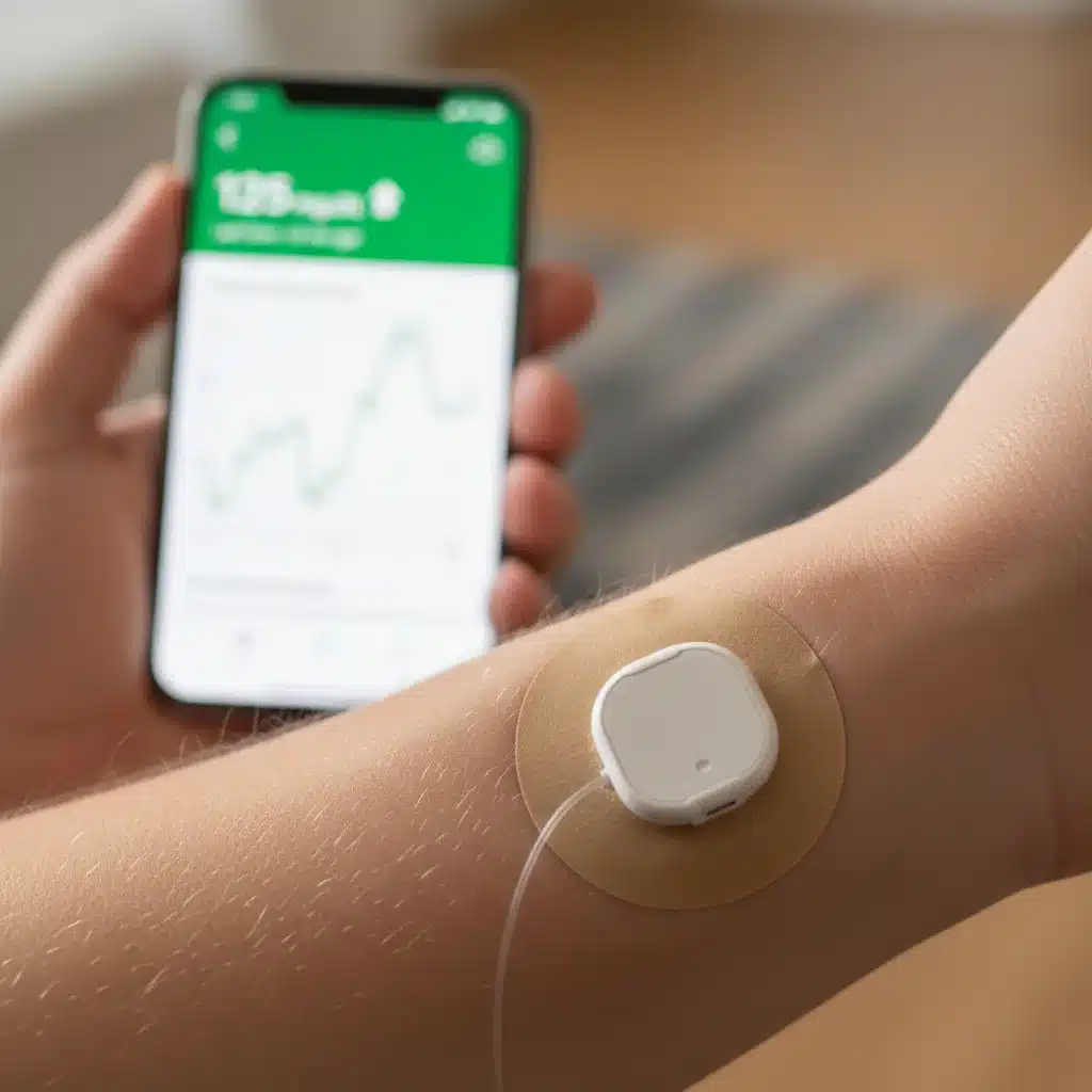 Close-up of a continuous glucose monitor (CGM) patch on an arm, showing real-time data on a smartphone.
