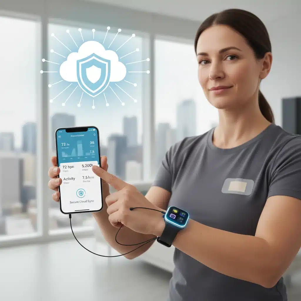 Patient with wearable device monitoring health data on a smartphone