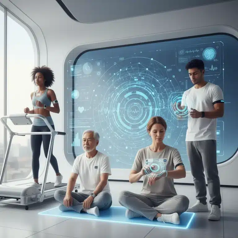 People using various wearable health devices for monitoring and wellness.