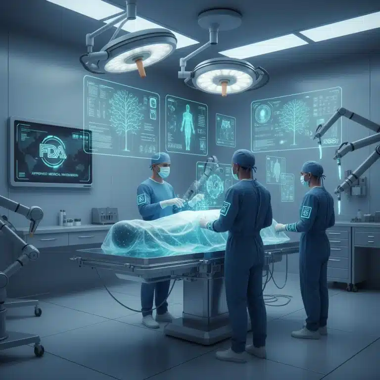 Futuristic operating room with AI diagnostic displays and medical professionals