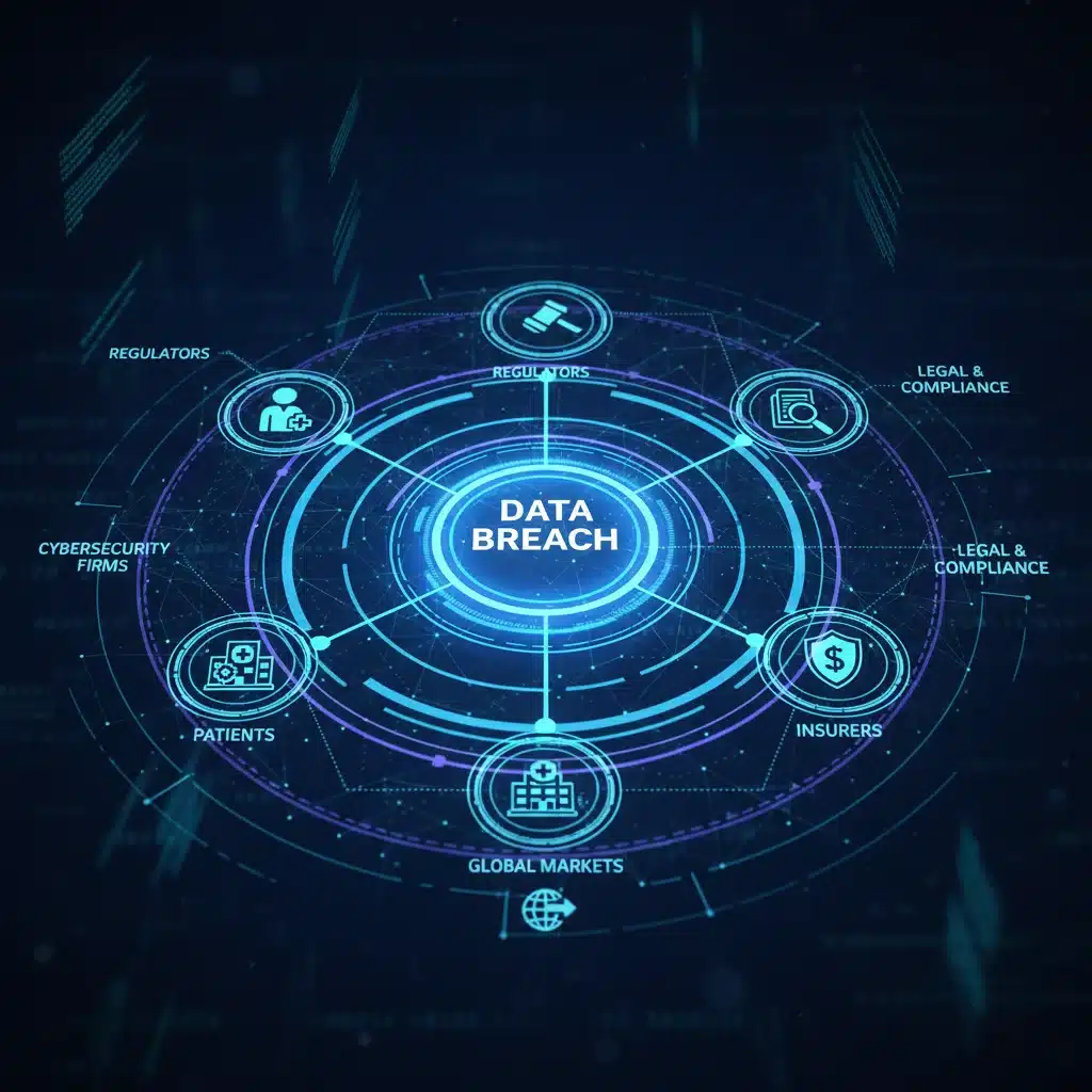 Infographic showing the ripple effect of a data breach on patients, hospitals, insurers, and regulators.
