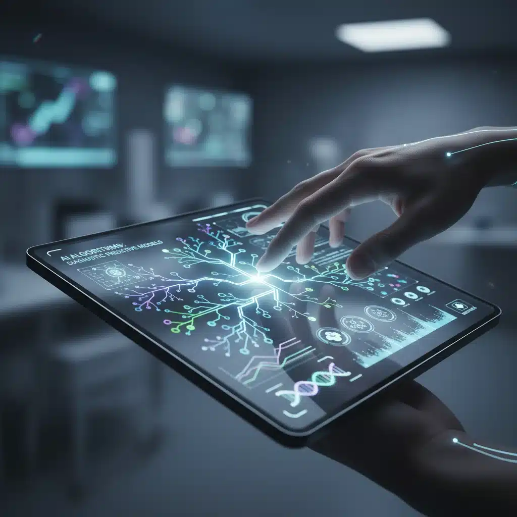 Hand interacting with a tablet displaying medical data and AI algorithms.