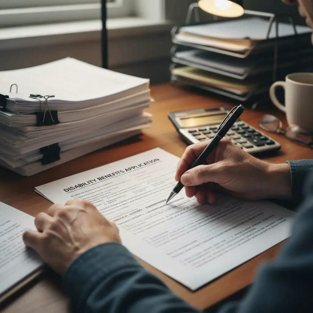 Person meticulously filling out disability benefits application form.