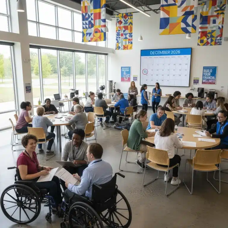 Diverse individuals reviewing disability benefit information for 2026, seeking financial support.
